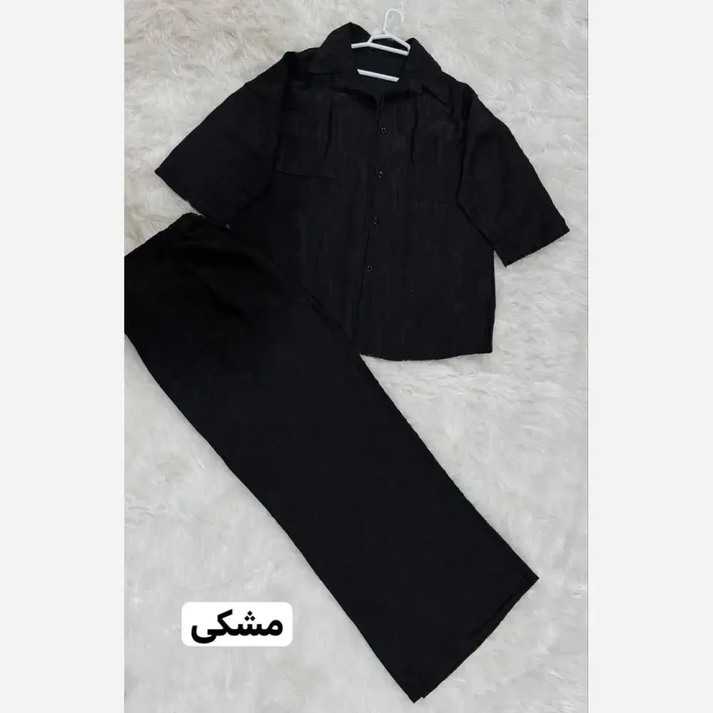 ست شومیز و شلوار زنانه طرح موج جنس شانتون کسمه ژاکارد فری سایز رنگ مشکی