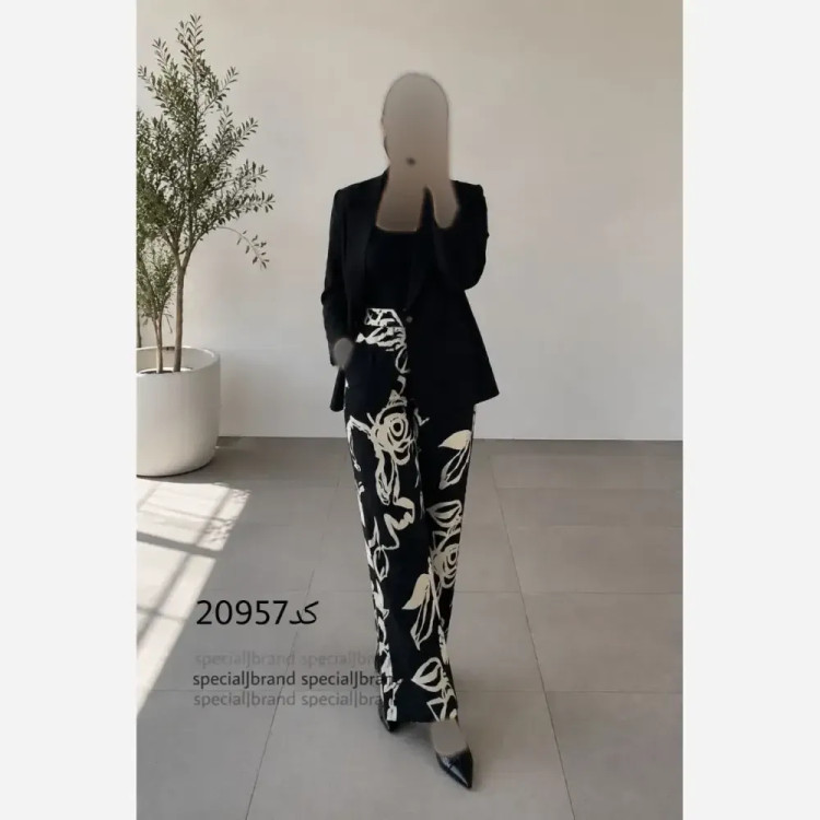 ست کت و شلوار زنانه لینن و کرپ طرح دار سیلوانا