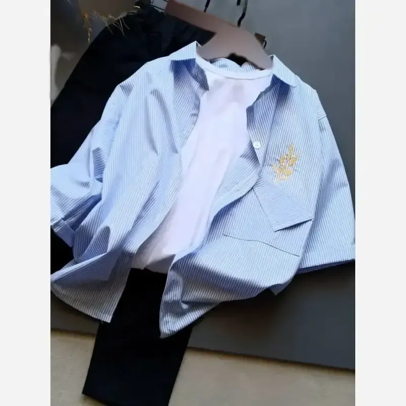سه تیکه دخترانه شومیز و شلوار کتان و تاپ پنبهای گلدوزی شده سایز 55 تا 70