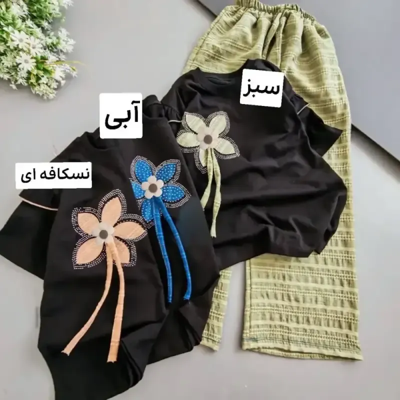 تیشرت شلوار طرح گل پنبه سوپر و نخی کوک دوزی نگین دار سایز 50 تا 65