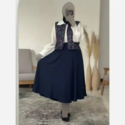 ست سه تکه شومیز جلیقه و دامن بهارگل سرمه ای سیر