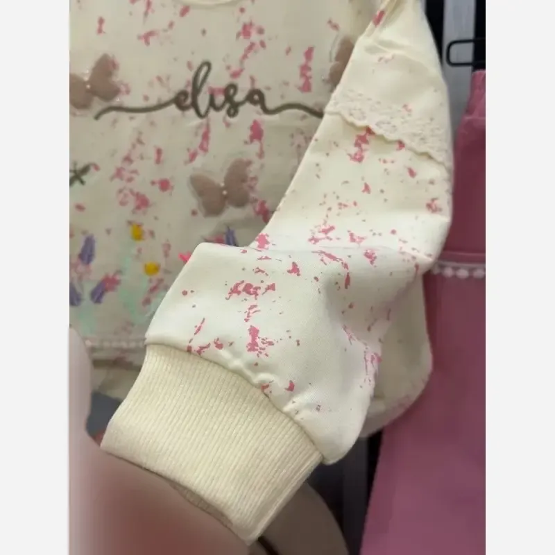 ست بلوز شلوار کتان بگ دخترانه طرح پروانه پاییزه رنگ صورتی و سبز