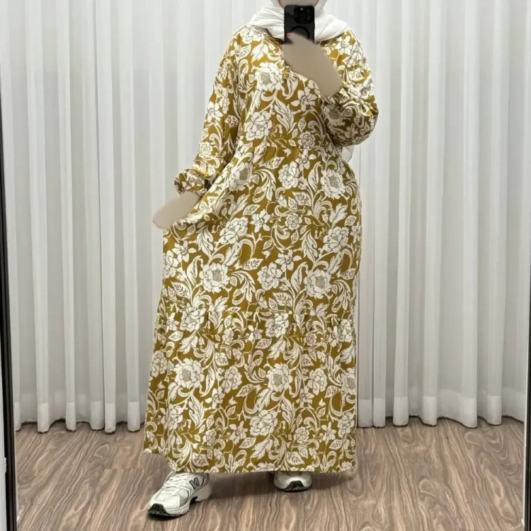 پیراهن فلور نخی فری سایز تا 50 بنددار چهارفصل زنانه شیک راحت