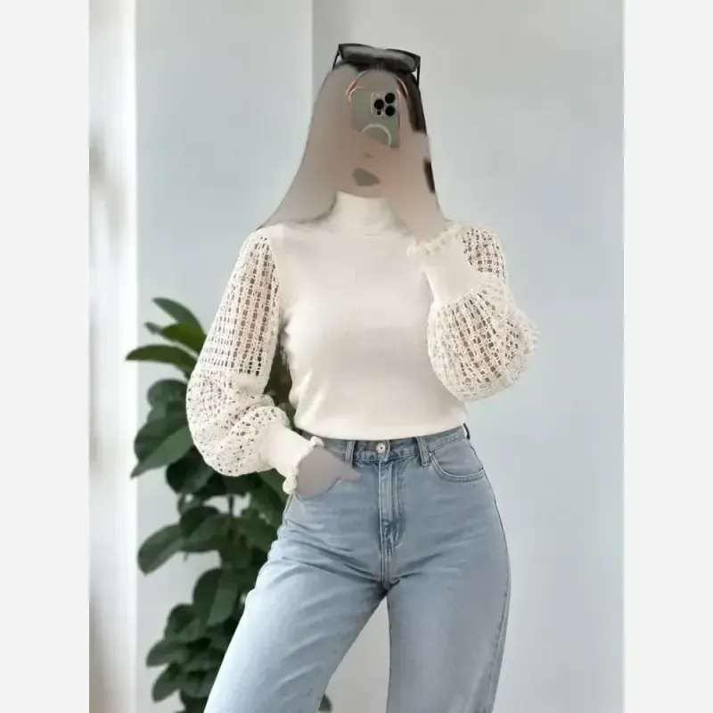 بلوز زنانه یقه 5 سانت آستین توری فانریپ سوپر پنبه کبریتی فری سایز