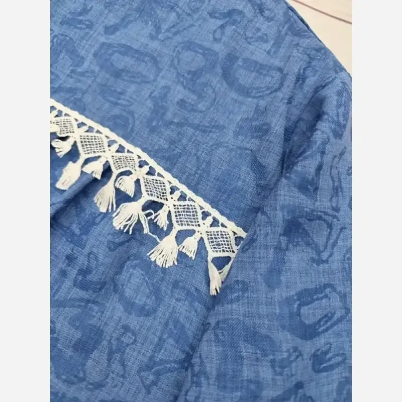 شومیز مانتویی لینن کنفی وارداتی خرجکار مکرومه رنگ آبی سایز فری تا 50