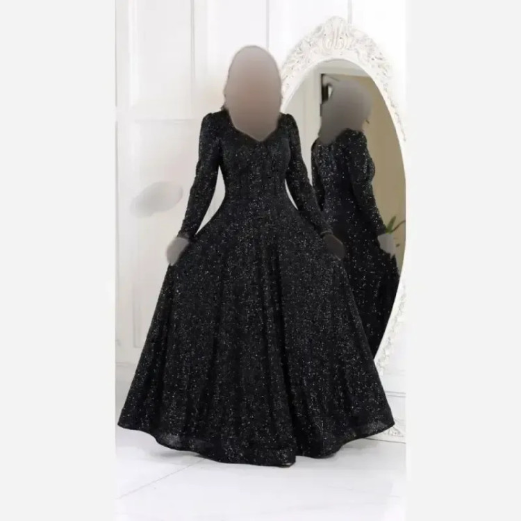 پیراهن مجلسی زنانه دانتل چمنی سنگدوزی شده مشکی سایزبندی