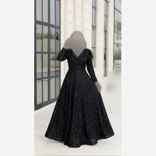 پیراهن مجلسی زنانه گیپور دانتل سنگدوزی مشکی کاپدار قد 155 سایزبندی 40 تا 52
