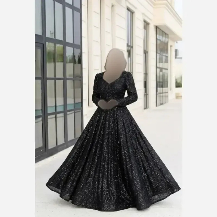 پیراهن مجلسی زنانه دانتل چمنی سنگدوزی شده مشکی سایزبندی