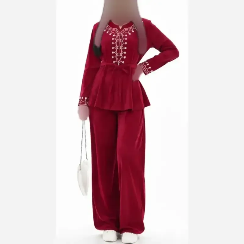 تونیک شلوار پاییزه مخمل کبریتی ریز گلدوزی شده فری سایز شرمین