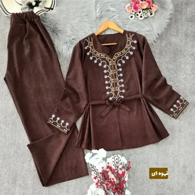 تونیک شلوار پاییزه مخمل کبریتی ریز گلدوزی شده فری سایز شرمین