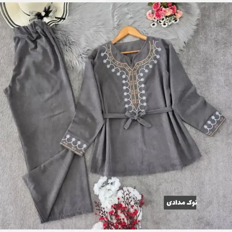 تونیک شلوار پاییزه مخمل کبریتی ریز گلدوزی شده فری سایز شرمین