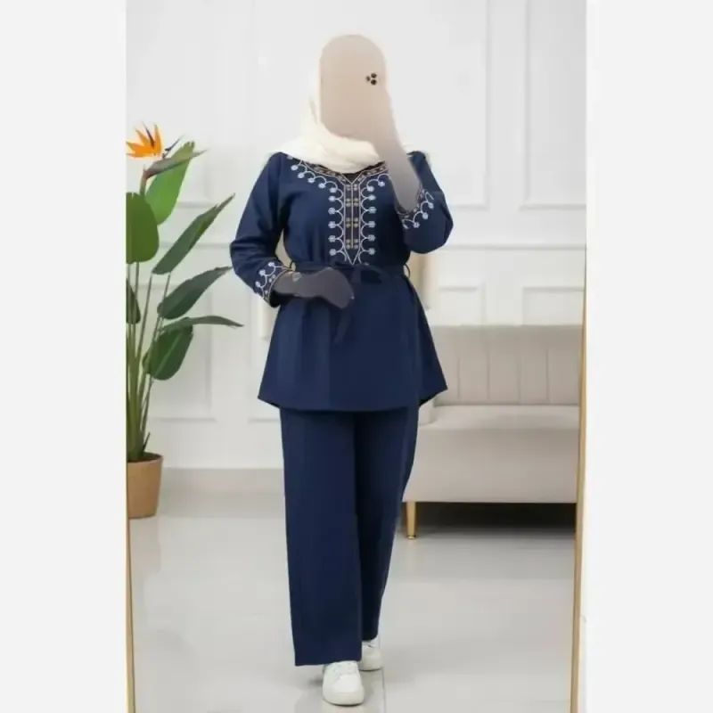 تونیک شلوار پاییزه مخمل کبریتی ریز گلدوزی شده فری سایز شرمین