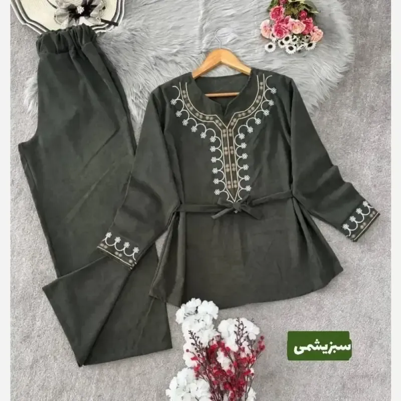 تونیک شلوار پاییزه مخمل کبریتی ریز گلدوزی شده فری سایز شرمین