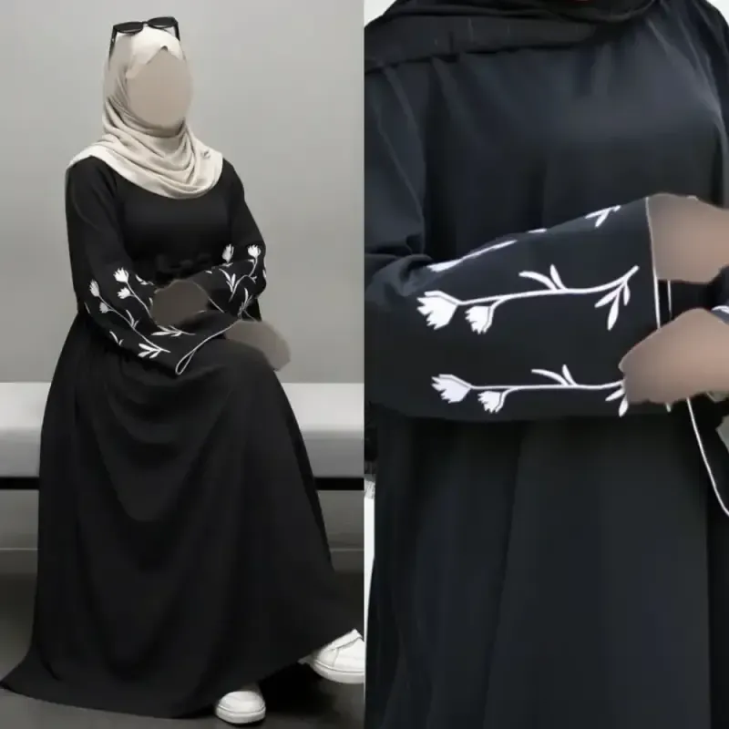 پیراهن عبایی گلدوزی شده طرح گل لاله جنس الیزه مشکی فری سایز