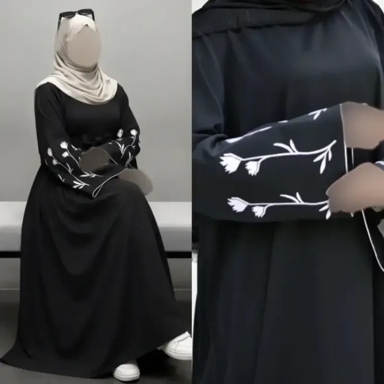 پیراهن عبایی گلدوزی شده طرح گل لاله جنس الیزه مشکی فری سایز