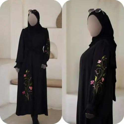 پیراهن عبایی ارکیده جنس الیزه مشکی گلدوزی شده کمربند دار فری سایز