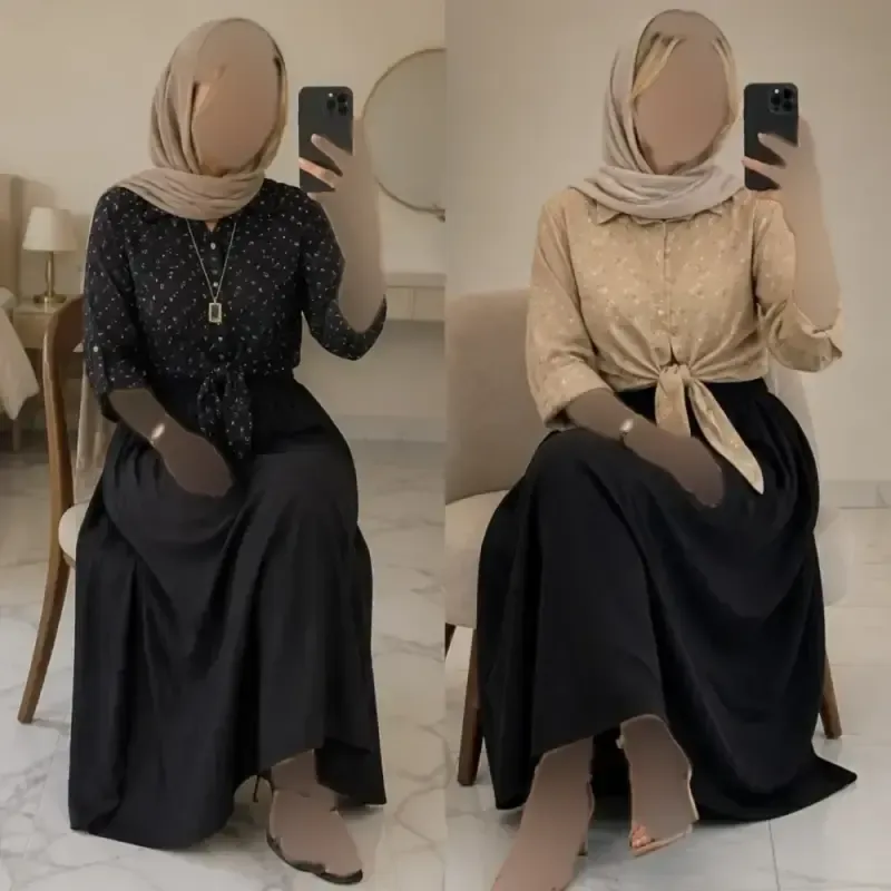 ست شومیز گره ای و دامن شانتون فری سایز مشکی کرم نسکافه ای سفید سبزسدری