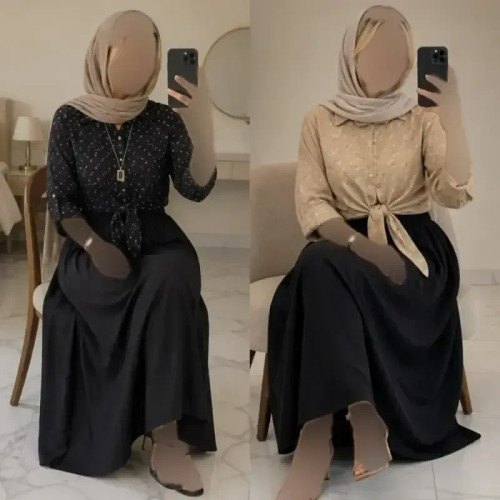ست شومیز گره ای و دامن شانتون فری سایز مشکی کرم نسکافه ای سفید سبزسدری