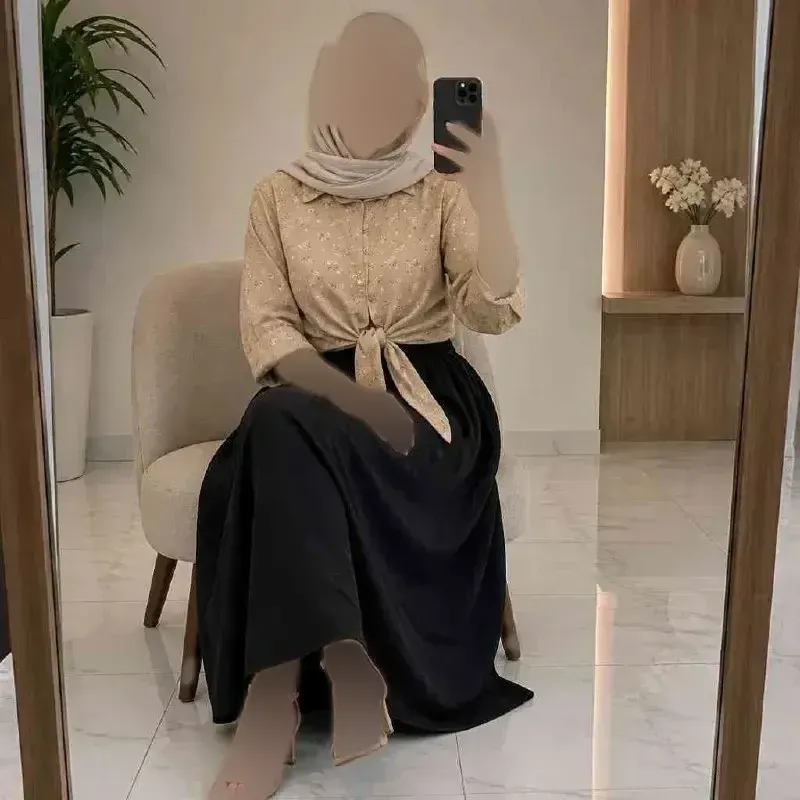 ست شومیز گره ای و دامن شانتون فری سایز مشکی کرم نسکافه ای سفید سبزسدری