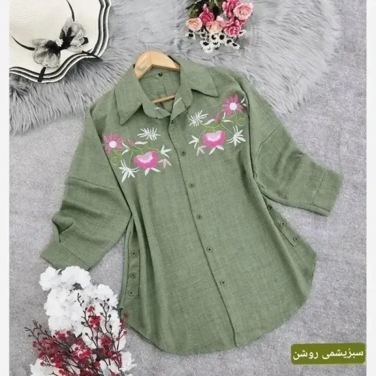 شومیز مانتویی شیلان جنس شانتون گلدوزی شده رنگ بندی متنوع سایز بزرگ