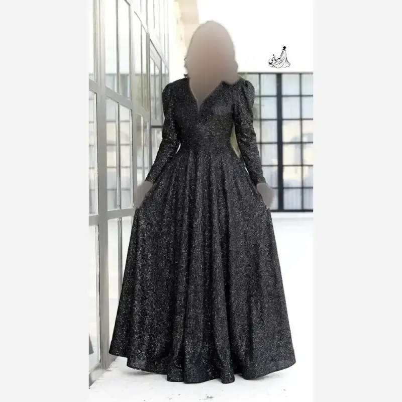 پیراهن مجلسی زنانه زرین قد 155 سنگدوزی گیپور کاپدار سایزبندی 40 تا 58 دانتل چمنی مشکی