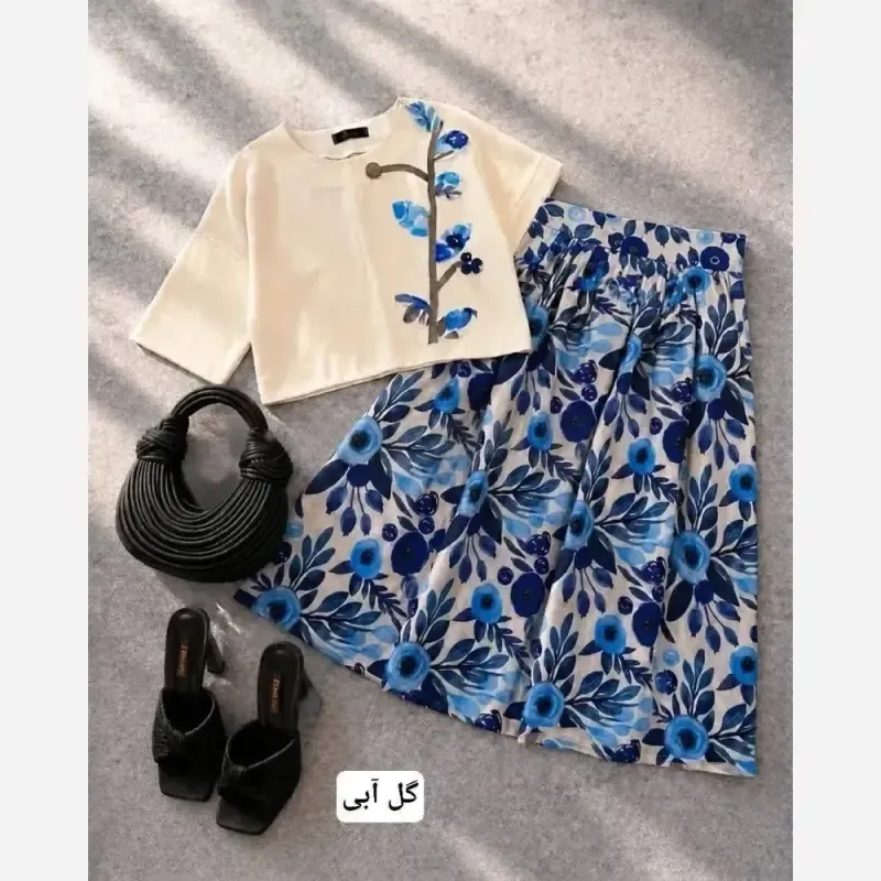 شومیز دامن ارکیده دو تیکه لینن خارجی و کرپ بوگاتی گلآبی گلصورتی گلگلبهی سایز 1 2