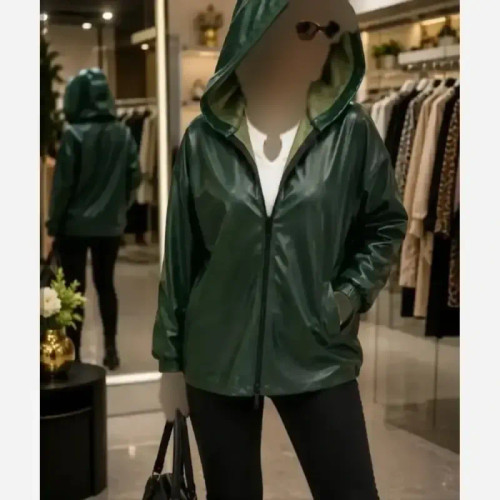 کاپشن چرم کلاهدار زنانه فری سایز 38 تا 48 چرم صنعتی درجه یک
