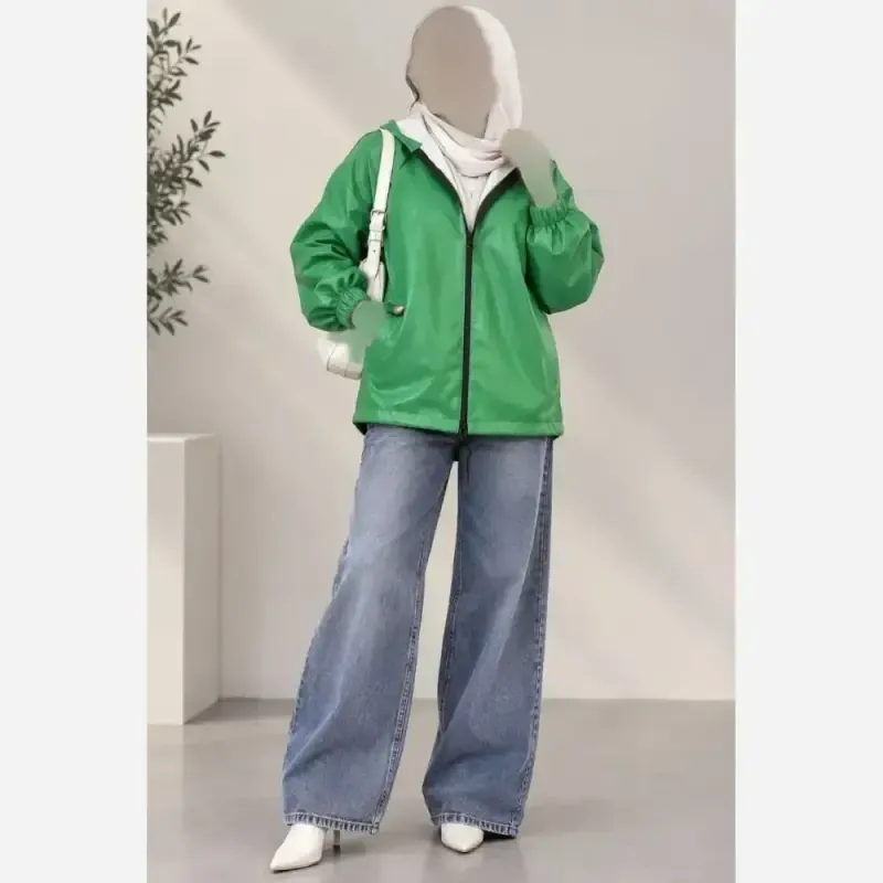کاپشن چرم کلاهدار زنانه فری سایز 38 تا 48 چرم صنعتی درجه یک