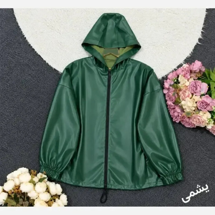 کاپشن چرم کلاهدار زنانه فری سایز 38 تا 48 چرم صنعتی درجه یک