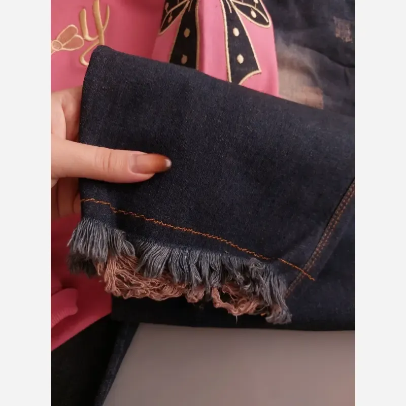 ست لباس دخترانه بلوز شلوار پاپیونی شلوار لی مناسب 5 تا 18 سال نگین دار دورس پنبه تیپ لاکرا شلوار لی ضخیم 600 گرم بگ 4 سایز تک رنگ ایرانی