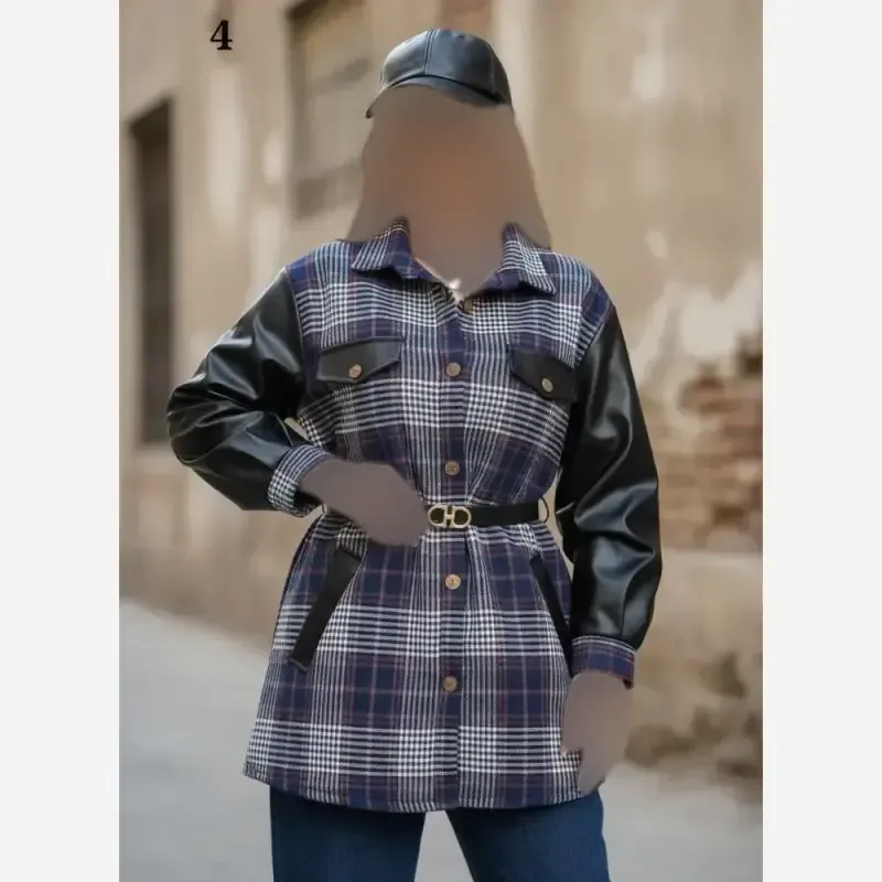 شکت چهار خونه آستین چرم فوتر پشمی و چرم فری سایز زنانه