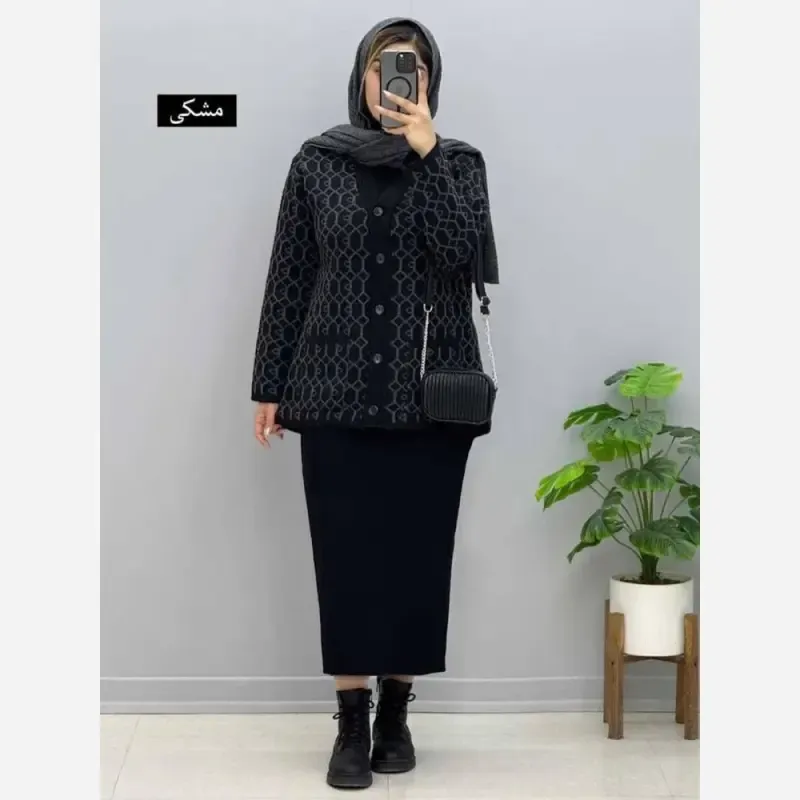 ژاکت بافت مخملی یقه هفت جیب دار فری سایز
