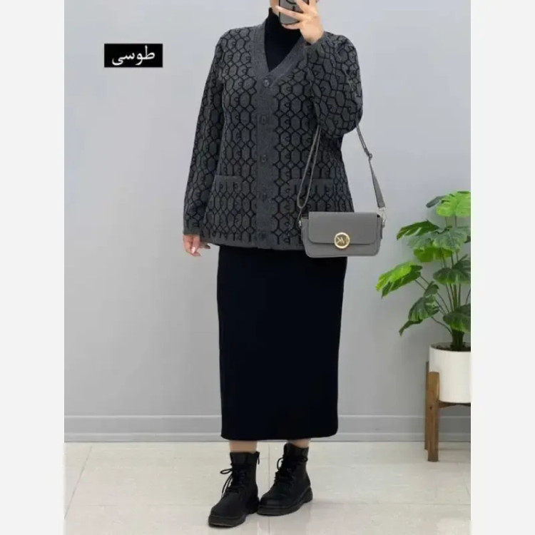 ژاکت بافت مخملی یقه هفت جیب دار فری سایز