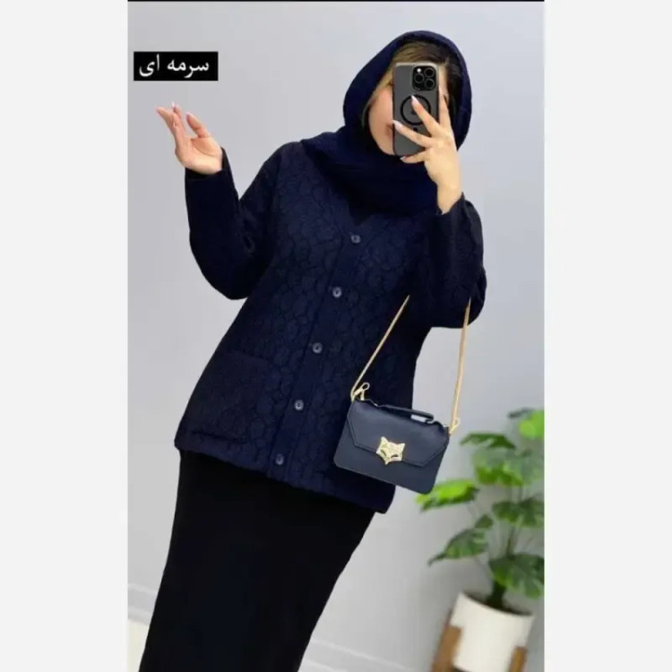 ژاکت بافت مخملی یقه هفت جیب دار فری سایز