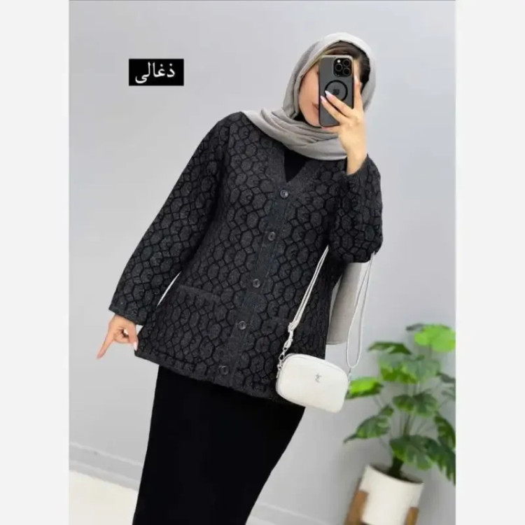 ژاکت بافت مخملی یقه هفت جیب دار فری سایز