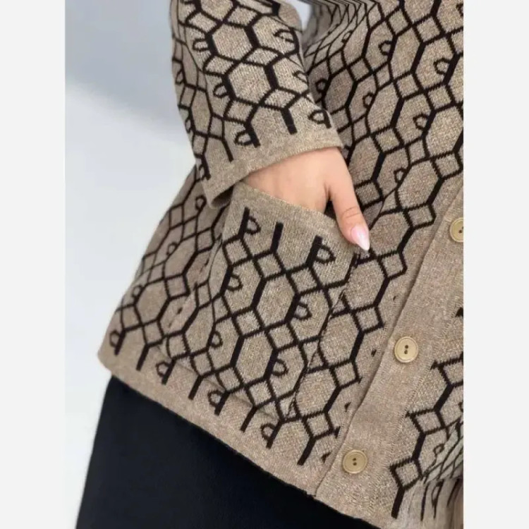 ژاکت بافت مخملی یقه هفت جیب دار فری سایز