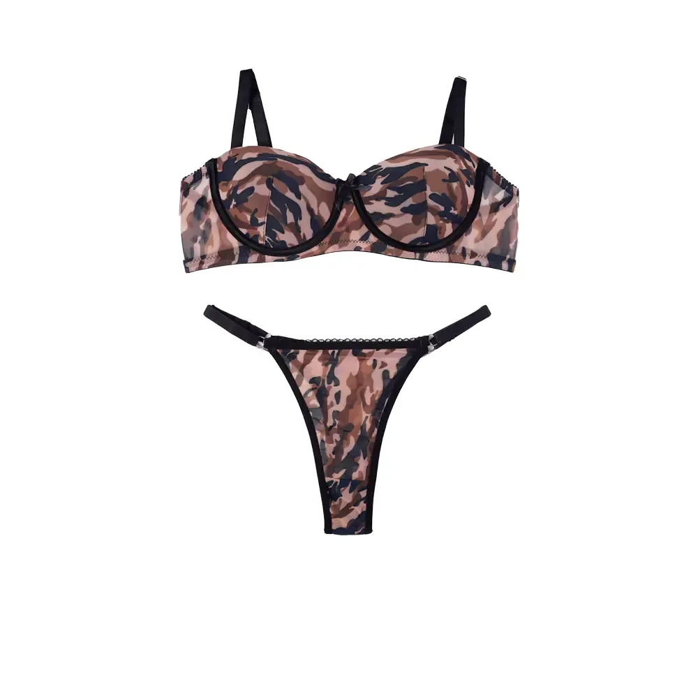 ست شورت و سوتین اسفنجی فنردار ارتشی توری شارمین
